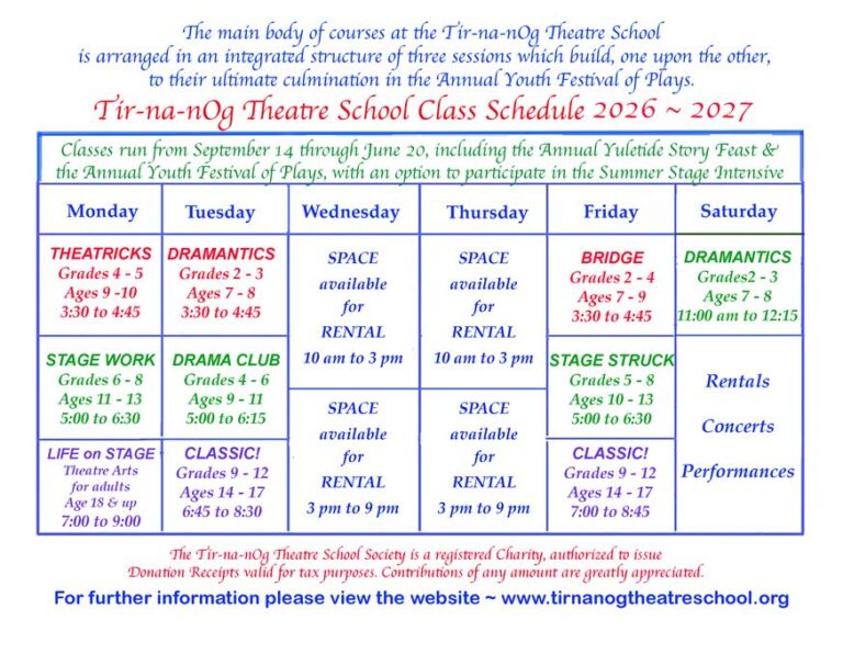2026/2027 class schedule tir-na-nOg Theatre School